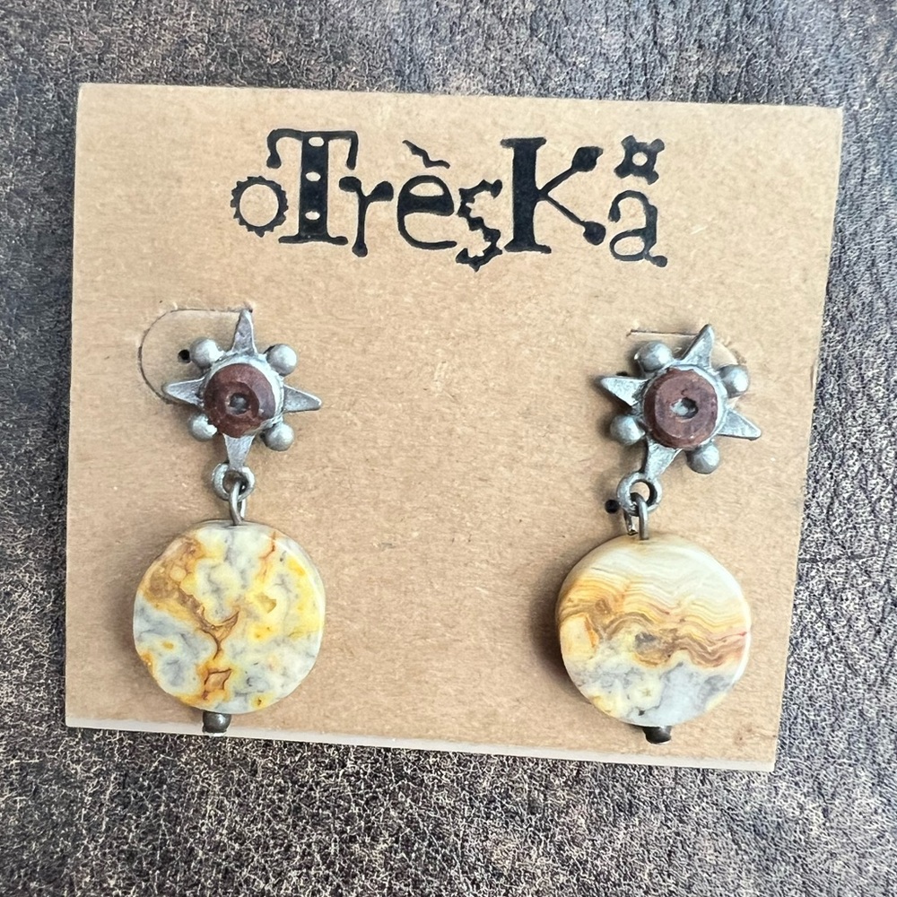Treska Brown Tan Crazy Agate Drop Dangle Earrings